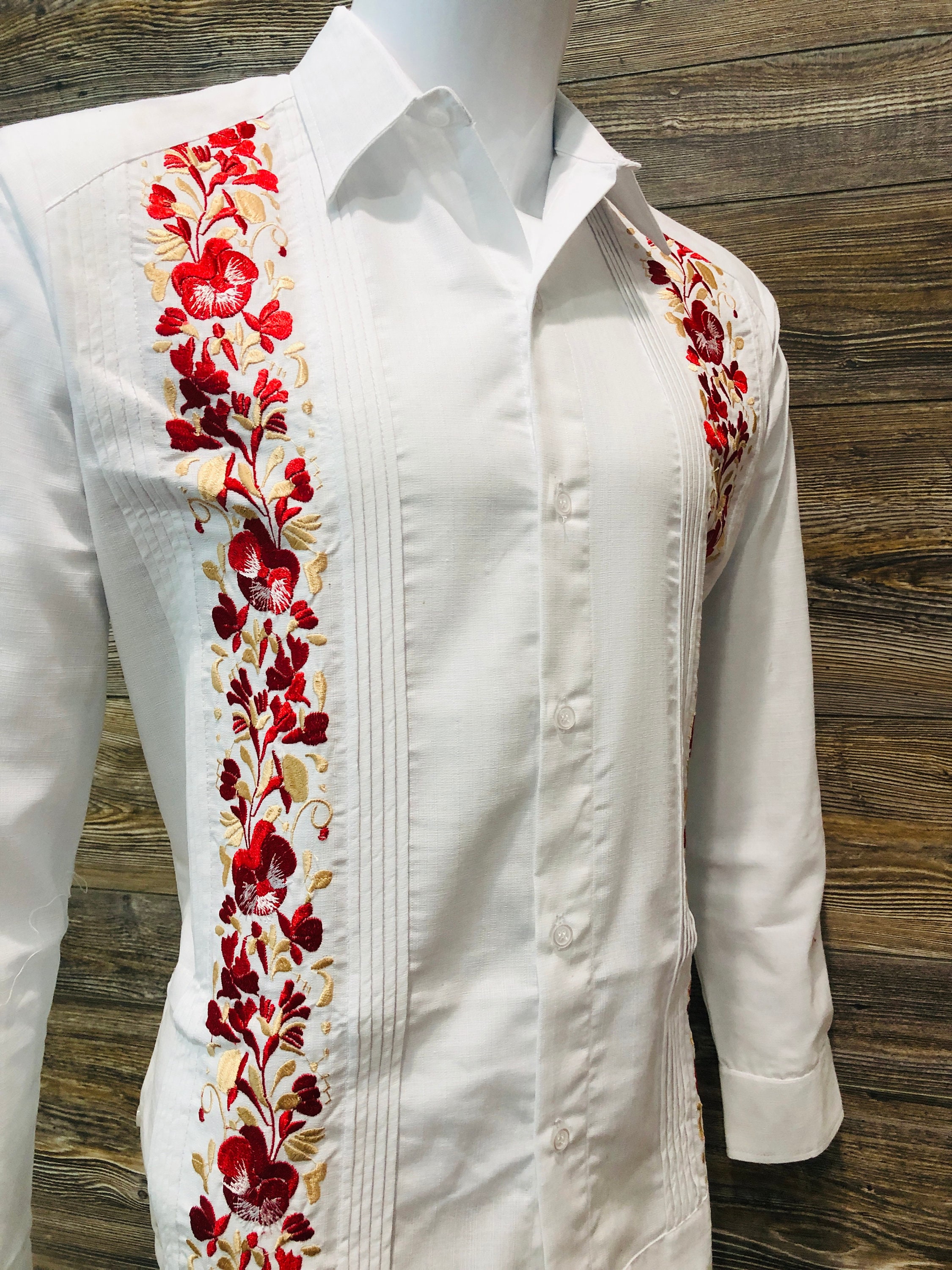 Mens Mexican Guayabera Wedding Shirt Hummingbird Red Flower Embroidery Long Sleeve White Etsy Ireland