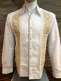 Mens Handcrafted Wedding Mexican Guayabera Shirt Long Sleeve Golden Double Embroidery Cross Stitch