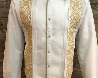 Mens Handcrafted Wedding Mexican Guayabera Shirt Long Sleeve Golden Double Embroidery Cross Stitch