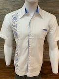 Men Mexican Hand Made Guayabera Shirt White Linen Royal Blue Short Sleeve