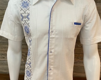 Men Mexican Hand Made Guayabera Shirt White & Royal Blue Short Sleeve