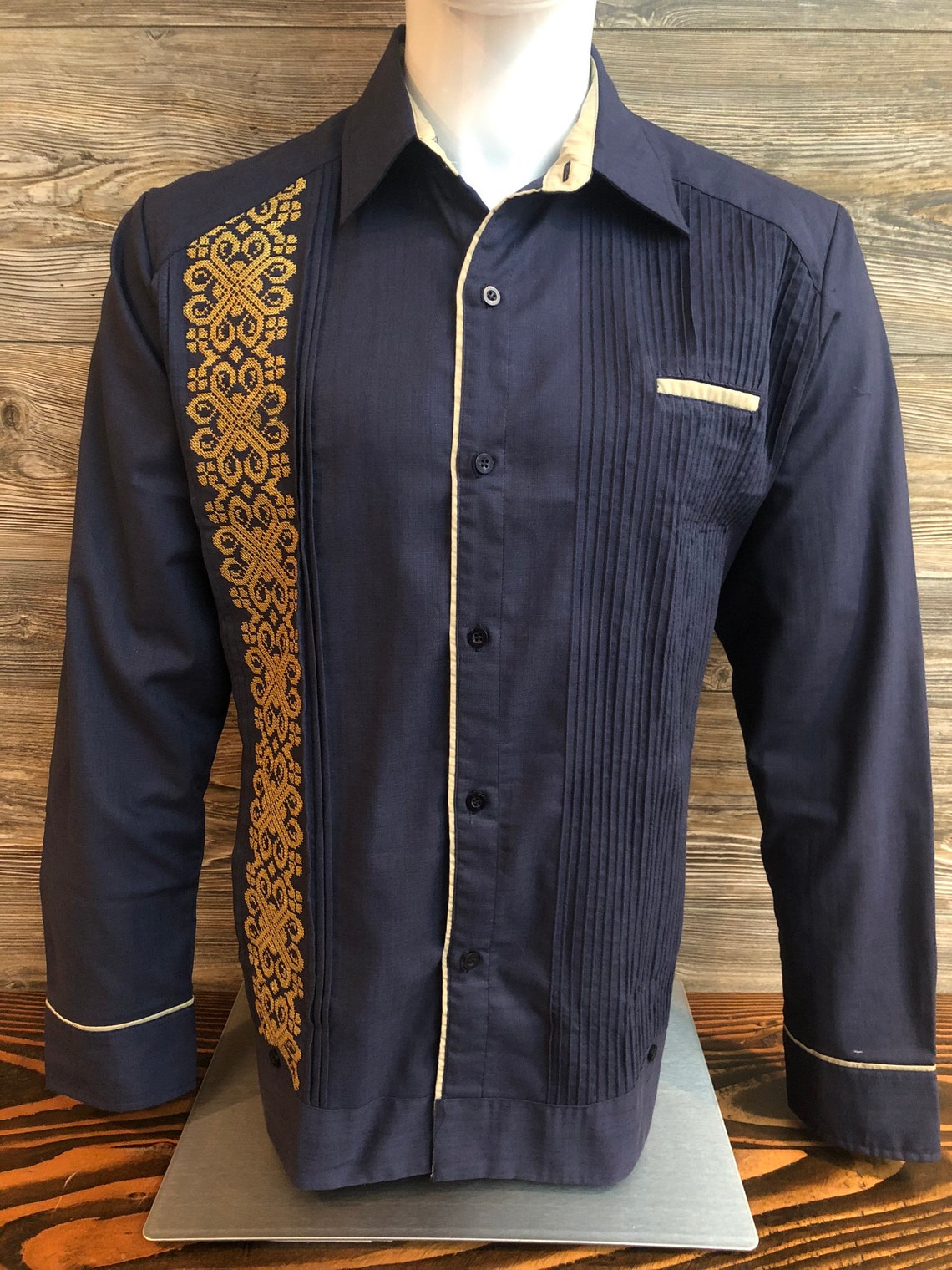 Mens Mexican Guayabera Shirt Navy Blue Long Sleeve with Golden Etsy