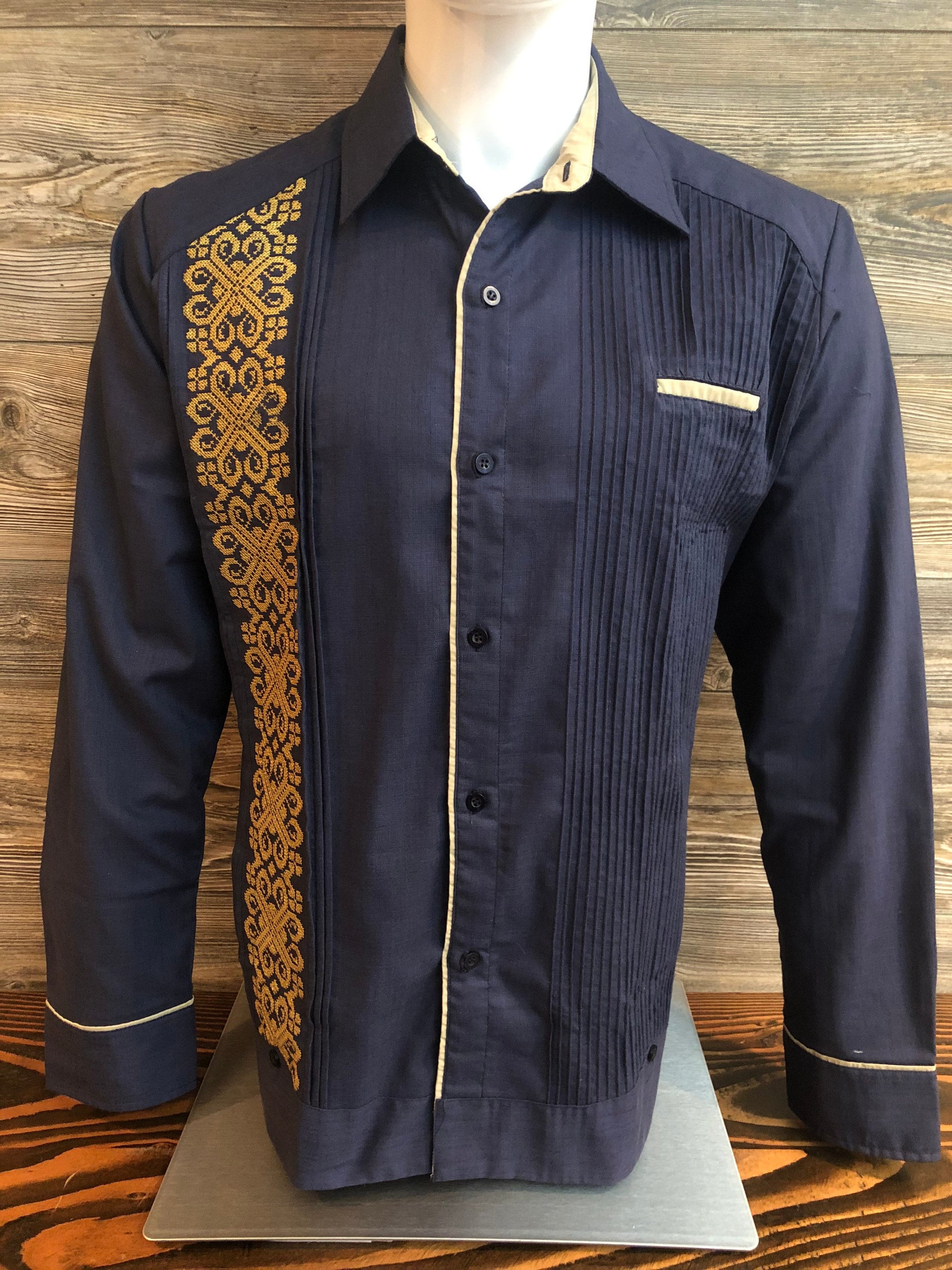 Mens Mexican Guayabera Shirt Navy Blue Long Sleeve With Golden - Etsy UK