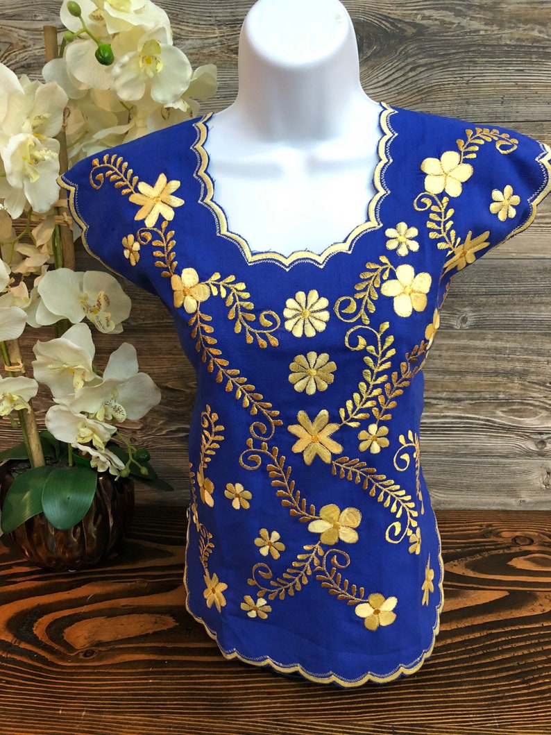 Women Mexican Huipil Blouse Embroidered King Blue Blusa Artesanal Bordada Azul Rey