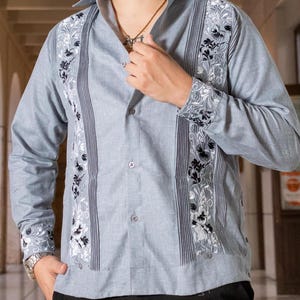 Mens Gray Guayabera Shirt: Mexican Wedding Long Sleeve with Flower Embroidery