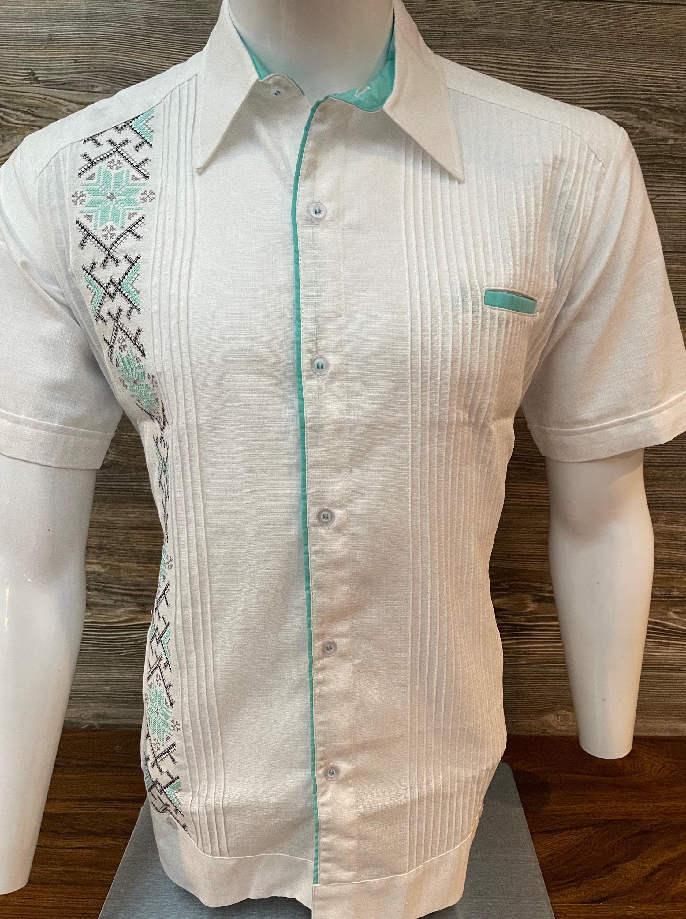 Mens Mexican Handcrafted Guayabera Shirt White Linen Aqua Green