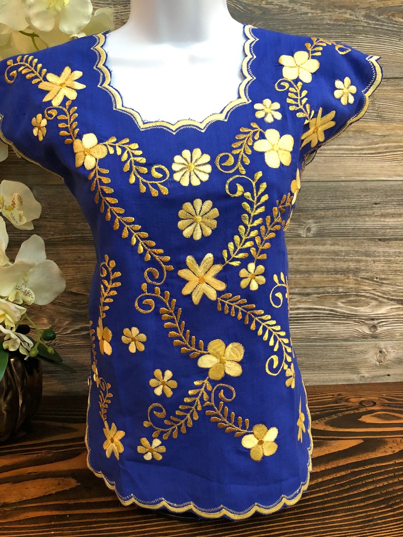 Women Mexican Huipil Blouse Embroidered King Blue Blusa Artesanal Bordada Azul Rey