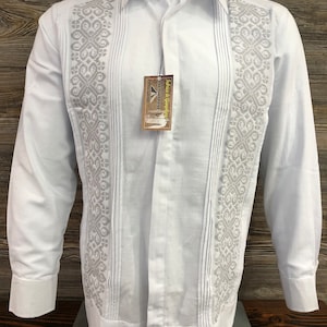 Mens Mexican Guayabera White Wedding Dress Shirt Elegant Silver Gray Embroidery Long Sleeve