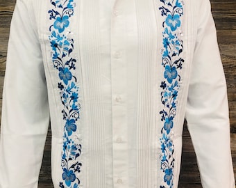 Mens Mexican Guayabera Wedding Shirt Hummingbird Blue Flower Embroidery Long Sleeve