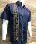 Navy Blue - Mens Mexican Guayabera Shirt - Short Sleeve with Gold Embroidery - Handcrafted in Yucatan