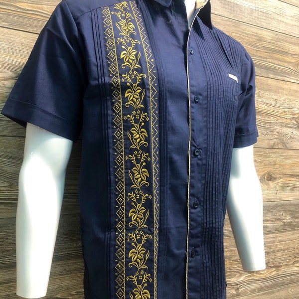 NAVY BLUE Mens Mexican Guayabera Shirt 100% Linen Short Sleeve with Golden Embroidery & Beige Contrast