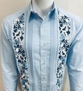 Mens Mexican Guayabera Wedding Shirt Light Blue Fabric Flower Embroidery Long Sleeve