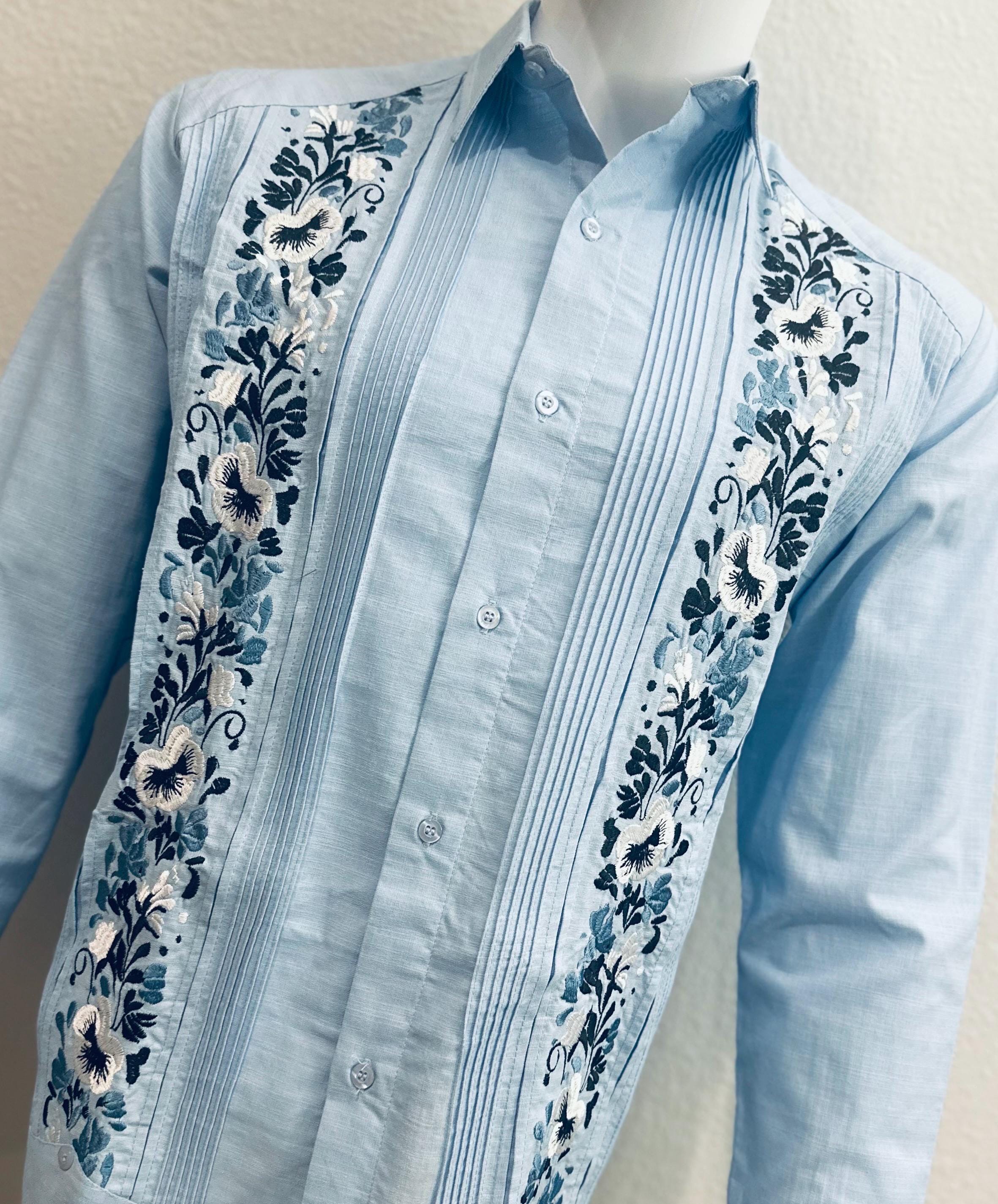 Mens Mexican Guayabera Wedding Shirt Light Blue Fabric Flower Mens Mexican Guayabera Wedding Shirt Light Blue Fabric Flower
