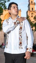 Mens Mexican Guayabera Wedding Shirt Copper Brown Gold Hummingbird Flower Embroidery Long Sleeve Fall