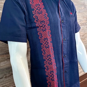 Navy Blue Mens Mexican Guayabera Shirt Linen Short Sleeve w/ Red Embroidery Handcrafted