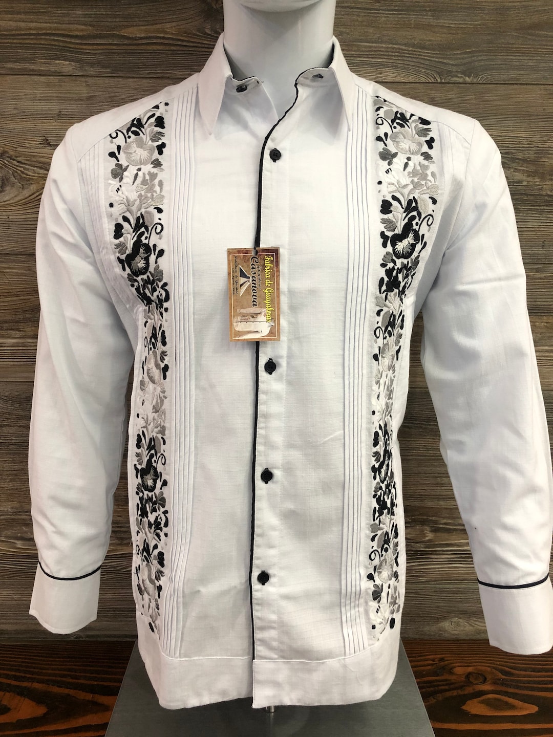 Mens Mexican Guayabera Wedding Shirt Elegant Black Flower Embroidery ...