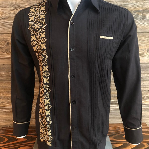 Men Mexican Guayabera Dress Shirt Black Long Sleeve Beige Embroidery