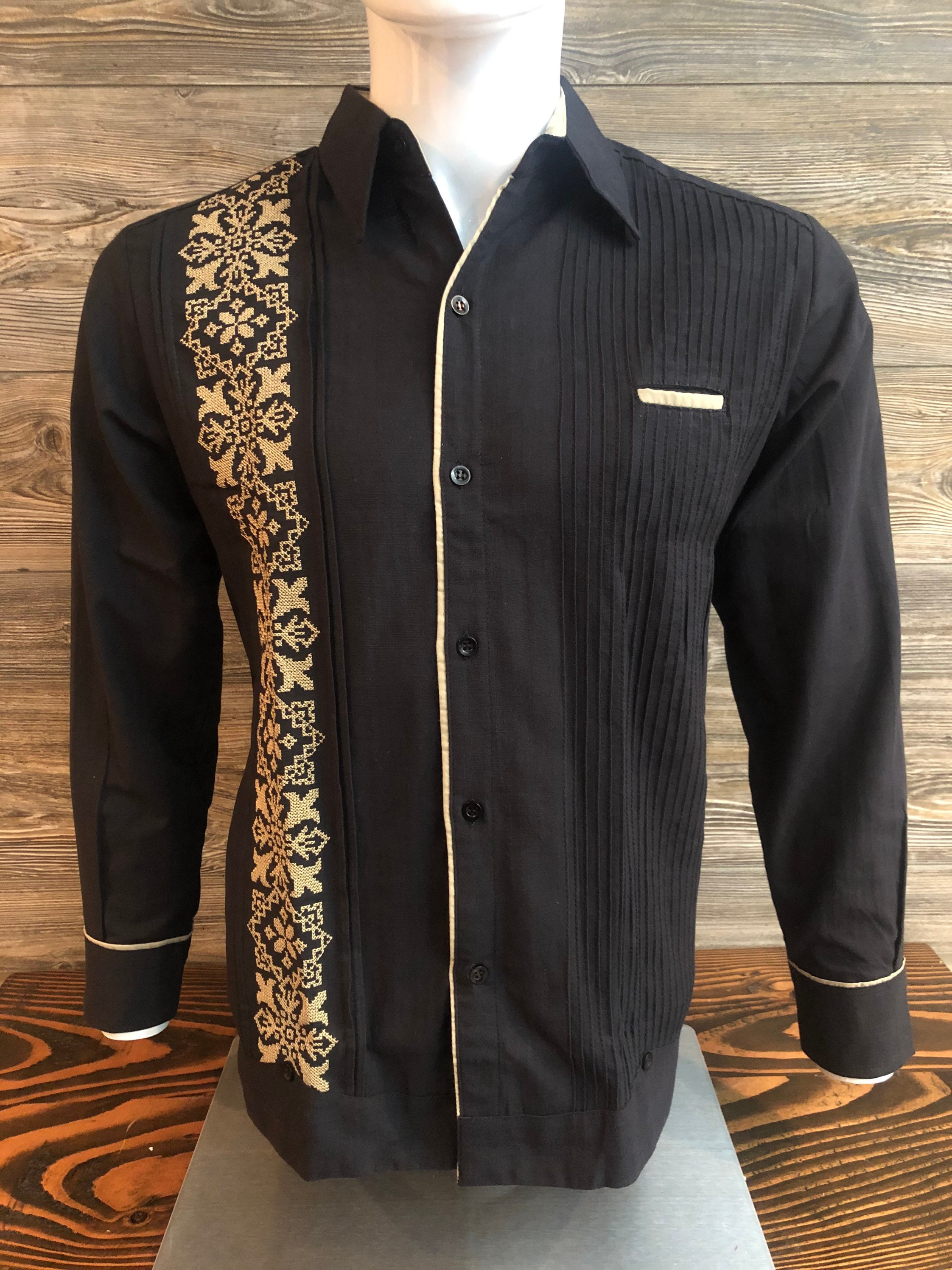 Mens Guayabera Mexican Shirt Black Linen Long Sleeve | Etsy