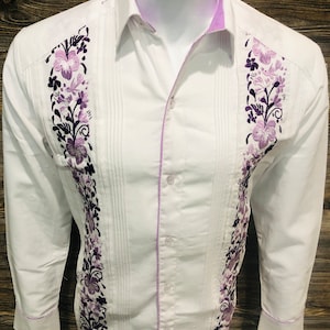 Mens Mexican Guayabera Wedding Shirt Hummingbird Purple Lavender Flower Embroidery Long Sleeve