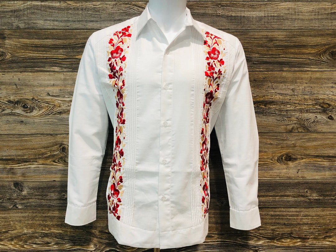 Mens Mexican Guayabera Wedding Shirt Hummingbird Red Flower