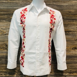 Mens Mexican Guayabera Wedding Shirt Hummingbird Red Flower Embroidery Long Sleeve White