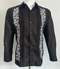 Mens Mexican Guayabera Wedding Shirt Elegant Silver Flower Embroidery Long Sleeve Black
