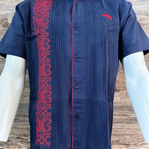 Mens Navy Guayabera Shirt: Red Embroidery, Handcrafted Yucatan