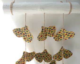 Campanelli in tessuto / Mobile in tessuto / Mobile in ceramica e legni / Foglia di ginkgo / Fatto a mano / Made in France / Upcycling