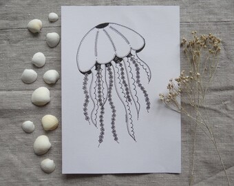 Illustration Medusa / Black and white drawing / Flowers / Model A5 / Thick paper / Wall decoration / Interior decoration / Handmade