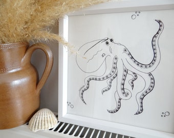 Octopus illustration / Black and white drawing / Black felt / Handmade / Unique model / Decoration frame
