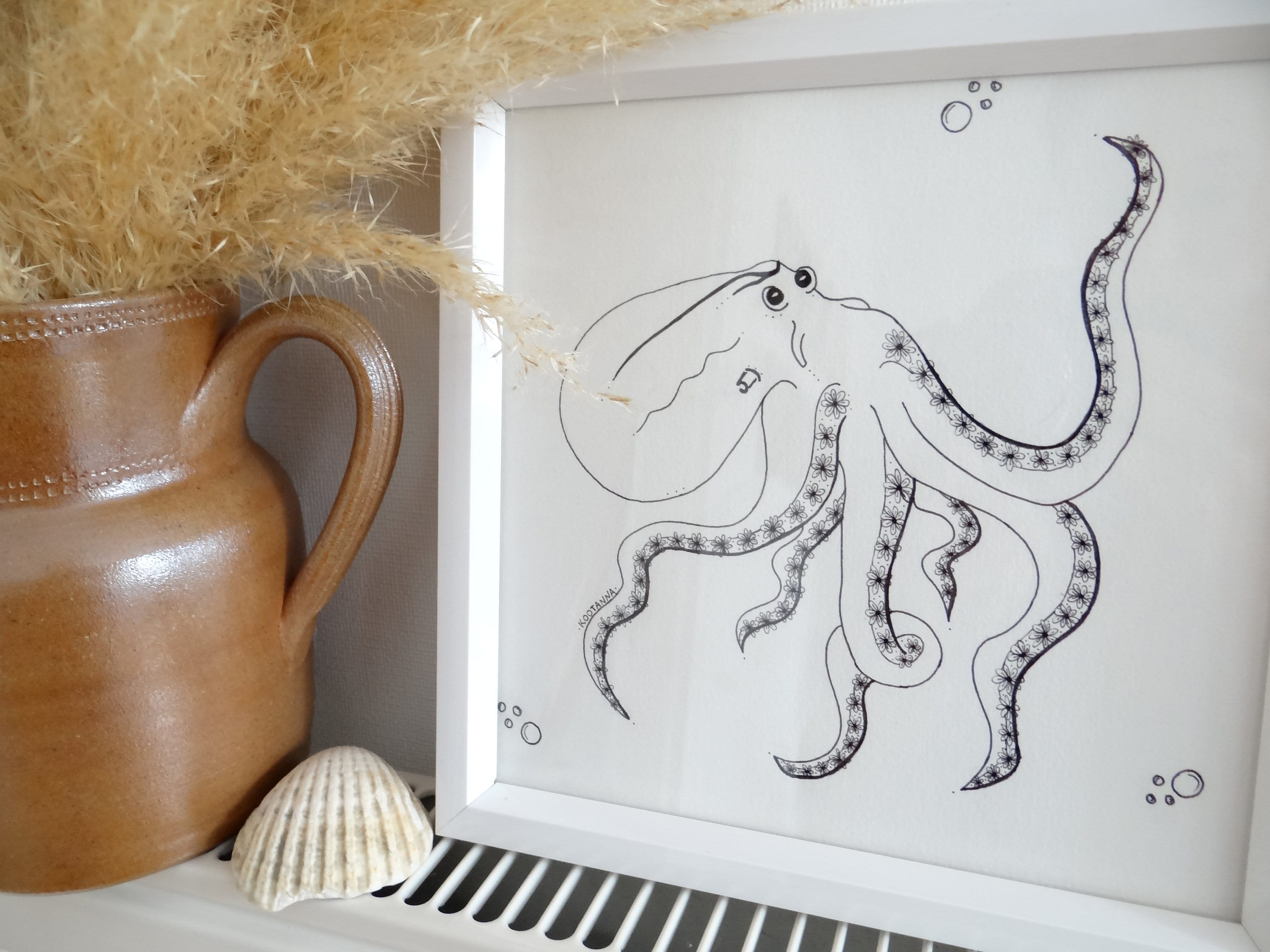 Illustration Pieuvre/Dessin Noir et Blanc Feutre Fait-Main Modèle Unique Cadre Décoration