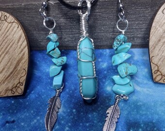 Polished Turquoise Crystal Pendant & Chipped Stone Turquoise Earrings With Feathers