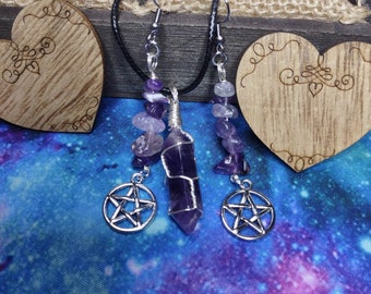 Polished Amethyst Crystal Pendant & Chipped Stone Amethyst Earrings With Pentacle