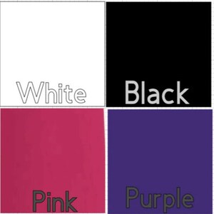 May include: A visual representation of four colors: white, black, pink, and purple. Each color is displayed in a square with the color name written below it.