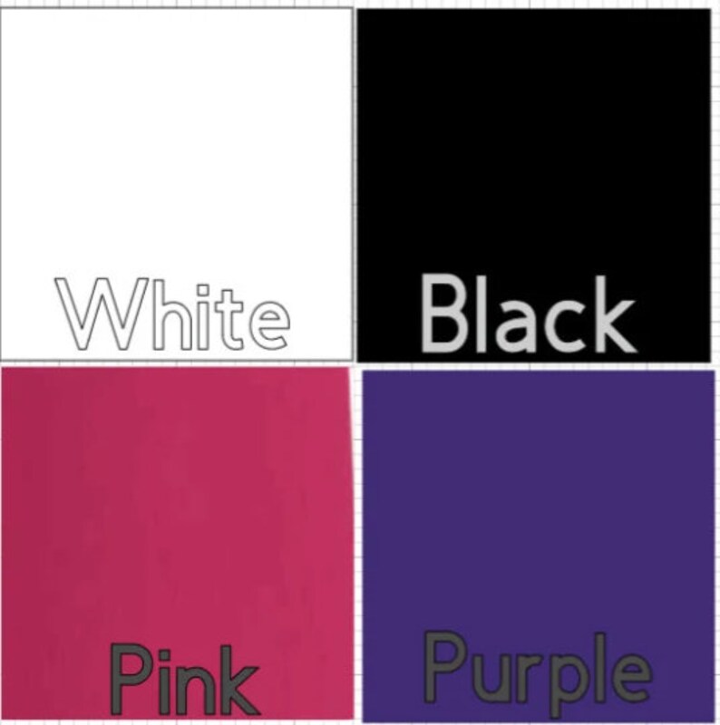 May include: A visual representation of four colors: white, black, pink, and purple. Each color is displayed in a square with the color name written below it.
