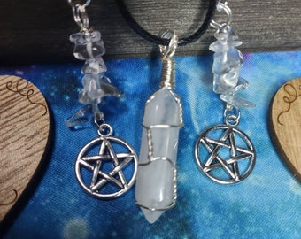 Polished Quartz Crystal Pendant & Chipped Stone Quartz Earrings With Pentacle