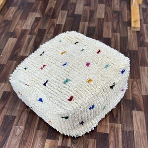 Unstuffed Moroccan Wool Pouf, Berber Handmade Floor Cushion, Boho Footstool Cover, Cream Shaggy Ottoman, Authentic Boho Home Decor