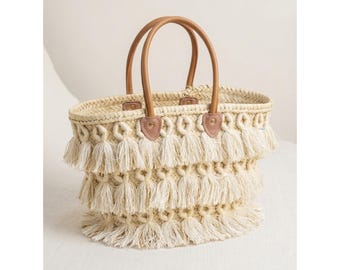 Fransen Strohkorb Tote, Handgewebte marokkanische Boho Palm Leaf Tasche mit Ledergriffen