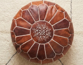 Dunkelbrauner marokkanischer Pouf, Leder Ottoman Sitz für Boho Decor