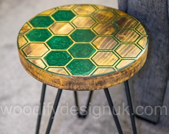 Handmade Wooden Side/Coffee Table with Green Epoxy Inlay – Modern Hexagon Design.