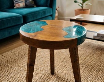 Handmade Epoxy Resin Side Table, Natural Wood Nightstand, Living Room Furniture.