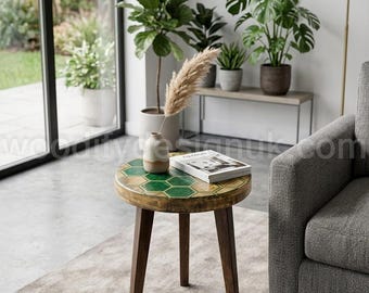 Hexagon Resin & Wood Geometric Side unit – Honeycomb Geometric Nightstand, Modern Living Room Accent.
