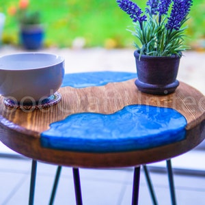 Artistic Round Epoxy Resin and Wood Side Table
