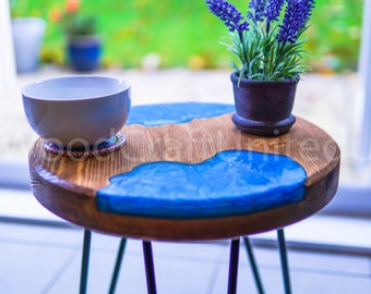 Artistic Round Epoxy Resin and Wood Side Table