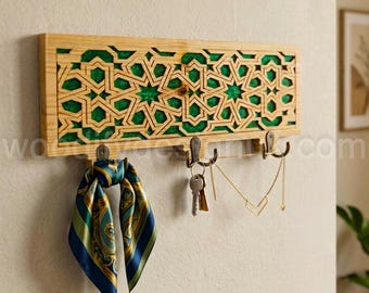 Wooden Coat Rack Green Resin Wall Hooks, Geometric Art, Moroccan Entryway Organiser
