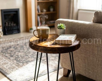Handmade Round Rustic Side Table, Wooden End Table, Industrial Coffee Desk, Minimalist Nightstand.