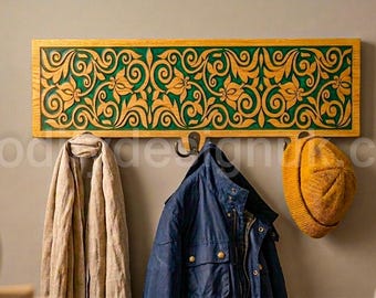 Carved Wood Coat Rack, Green Resin Entryway, Wall Hooks Carving Floral Wooden Hanger.