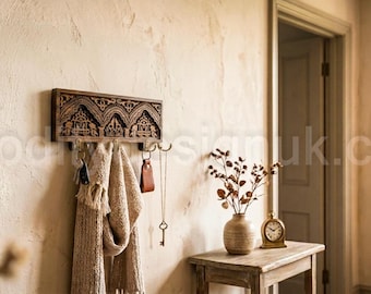 Moorish Arch Wooden Coat Rack, Carved Floral Wall Hooks, Alhambra Mudroom Entryway Hanger.