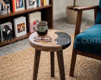 Resin Wood Side Table, Round Epoxy Stool, Rustic Plant Stand Modern End Nightstand.