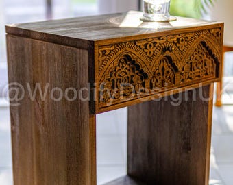 Carved Wood Bedside Table, Alhambra Inspired, Moorish Design Bedroom Nightstand Cabinet.